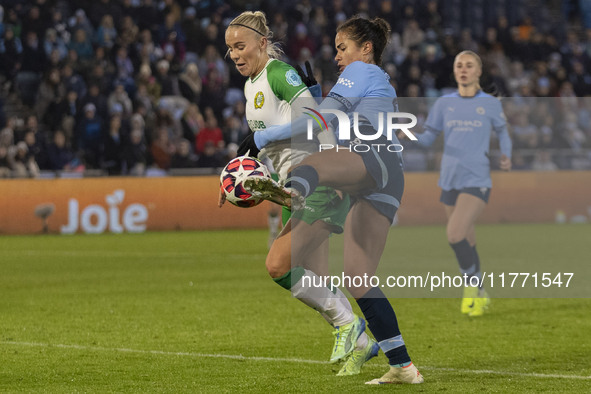 Mary Fowler #8 of Manchester City W.F.C. challenges the opponent during the UEFA Champions League Group D match between Manchester City and...