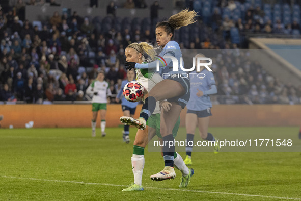 Mary Fowler #8 of Manchester City W.F.C. challenges the opponent during the UEFA Champions League Group D match between Manchester City and...