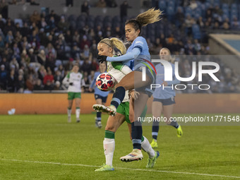 Mary Fowler #8 of Manchester City W.F.C. challenges the opponent during the UEFA Champions League Group D match between Manchester City and...