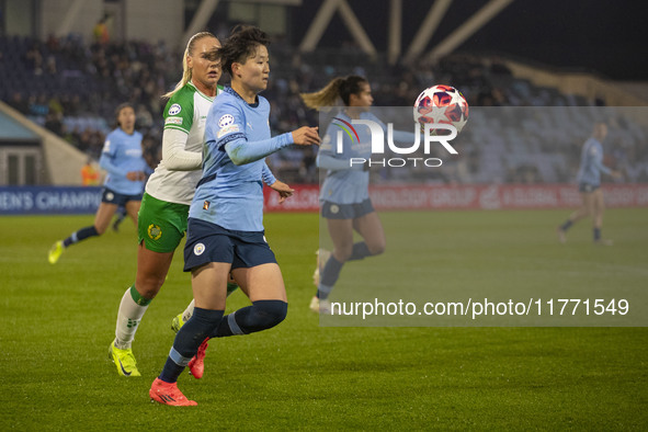 Aoba Fujino #20 of Manchester City W.F.C. plays during the UEFA Champions League Group D match between Manchester City and Hammarby at the J...