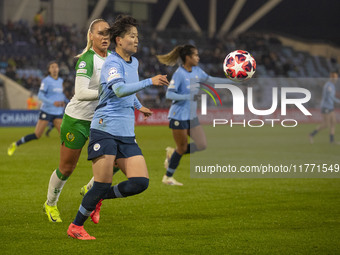 Aoba Fujino #20 of Manchester City W.F.C. plays during the UEFA Champions League Group D match between Manchester City and Hammarby at the J...