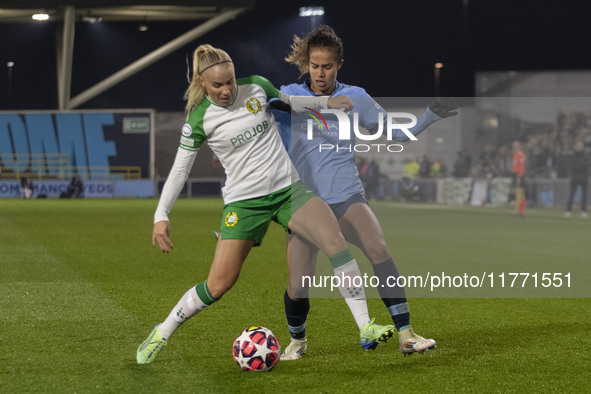 Stina Lennartsson #17 of Hammarby IF is tackled by the opponent during the UEFA Champions League Group D match between Manchester City and H...