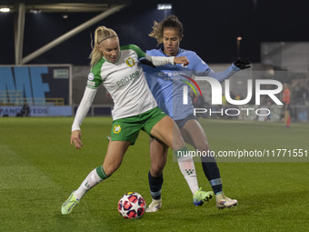 Stina Lennartsson #17 of Hammarby IF is tackled by the opponent during the UEFA Champions League Group D match between Manchester City and H...