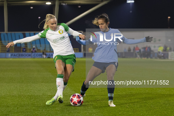 Stina Lennartsson #17 of Hammarby IF is tackled by the opponent during the UEFA Champions League Group D match between Manchester City and H...