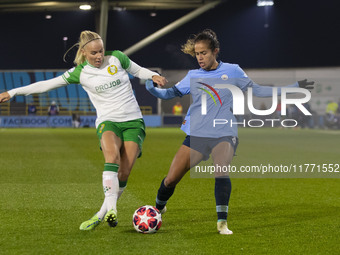 Stina Lennartsson #17 of Hammarby IF is tackled by the opponent during the UEFA Champions League Group D match between Manchester City and H...