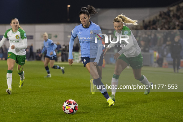 Leila Ouahabi #15 of Manchester City W.F.C. is in possession of the ball during the UEFA Champions League Group D match between Manchester C...