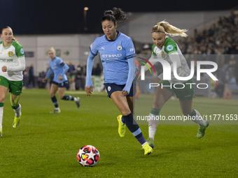 Leila Ouahabi #15 of Manchester City W.F.C. is in possession of the ball during the UEFA Champions League Group D match between Manchester C...