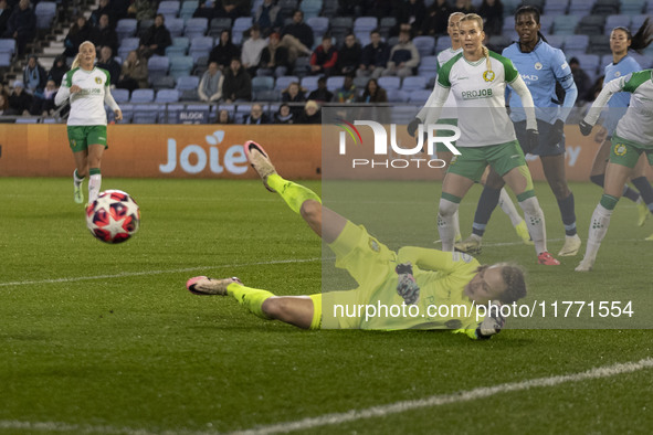 Anna Tamminen, goalkeeper of Hammarby IF, makes a save during the UEFA Champions League Group D match between Manchester City and Hammarby a...