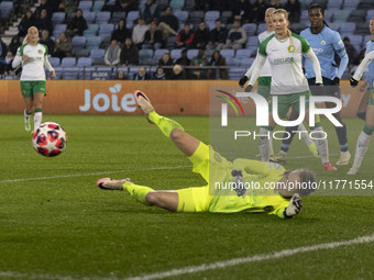 Anna Tamminen, goalkeeper of Hammarby IF, makes a save during the UEFA Champions League Group D match between Manchester City and Hammarby a...