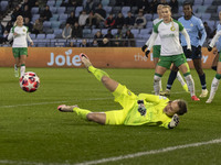 Anna Tamminen, goalkeeper of Hammarby IF, makes a save during the UEFA Champions League Group D match between Manchester City and Hammarby a...