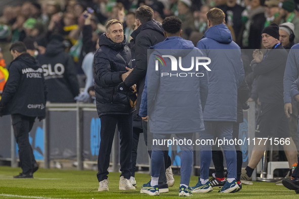 Manchester City W.F.C. manager Gareth Taylor and Hammarby IF manager Martin Sjogren shake hands at full time during the UEFA Champions Leagu...