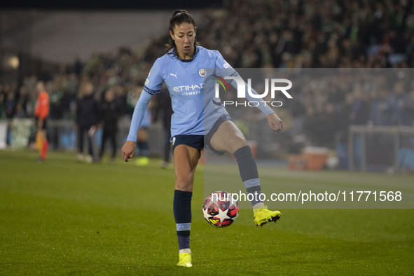 Leila Ouahabi #15 of Manchester City W.F.C. participates in the UEFA Champions League Group D match between Manchester City and Hammarby at...