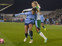 Mary Fowler #8 of Manchester City W.F.C. is challenged by the opponent during the UEFA Champions League Group D match between Manchester Cit...