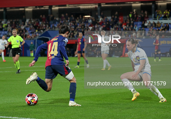 Aitana Bonmati and Chiara Anna DAngelo play during the match between FC Barcelona Women and SKN St. Poelten Women, corresponding to week 3 o...