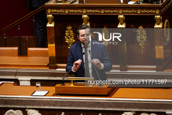 Philippe Brun, deputy of the Socialistes et Apparentes group, speaks during the public session of the solemn vote on the first part of the f...