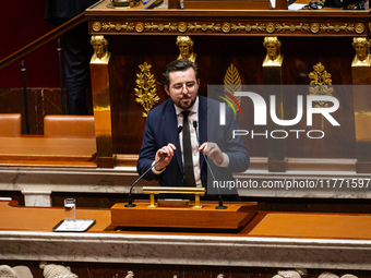 Philippe Brun, deputy of the Socialistes et Apparentes group, speaks during the public session of the solemn vote on the first part of the f...