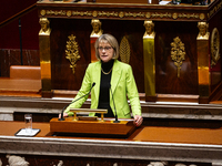 Veronique Louwagie, deputy of the Droite Republicaine group, stands before speaking during the public session of the solemn vote on the firs...