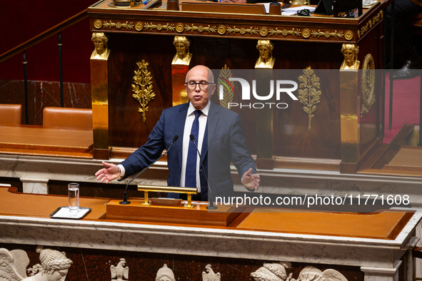 In Paris, France, on November 12, 2024, Eric Ciotti, President of the UDR group, speaks during the public session of the solemn vote on the...