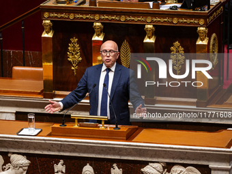 In Paris, France, on November 12, 2024, Eric Ciotti, President of the UDR group, speaks during the public session of the solemn vote on the...