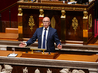 In Paris, France, on November 12, 2024, Eric Ciotti, President of the UDR group, speaks during the public session of the solemn vote on the...