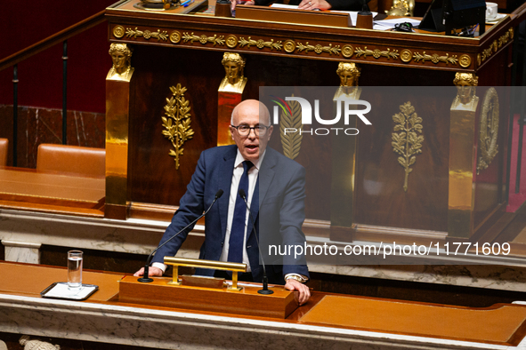 In Paris, France, on November 12, 2024, Eric Ciotti, President of the UDR group, speaks during the public session of the solemn vote on the...