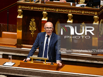 In Paris, France, on November 12, 2024, Eric Ciotti, President of the UDR group, speaks during the public session of the solemn vote on the...