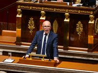 In Paris, France, on November 12, 2024, Eric Ciotti, President of the UDR group, speaks during the public session of the solemn vote on the...