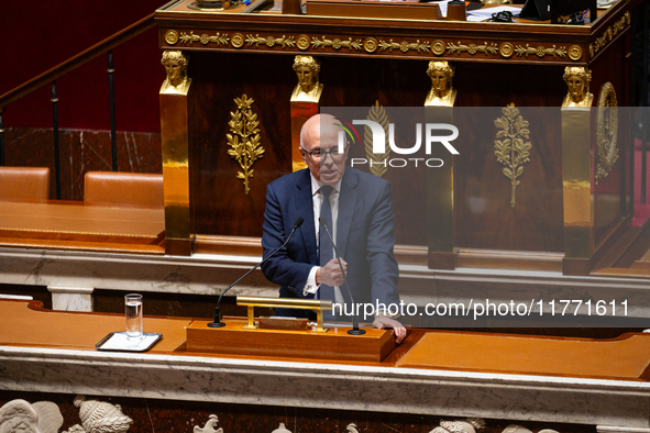 In Paris, France, on November 12, 2024, Eric Ciotti, President of the UDR group, speaks during the public session of the solemn vote on the...