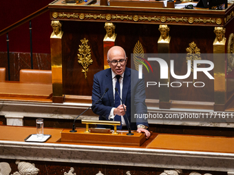 In Paris, France, on November 12, 2024, Eric Ciotti, President of the UDR group, speaks during the public session of the solemn vote on the...