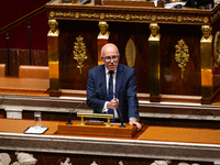 In Paris, France, on November 12, 2024, Eric Ciotti, President of the UDR group, speaks during the public session of the solemn vote on the...