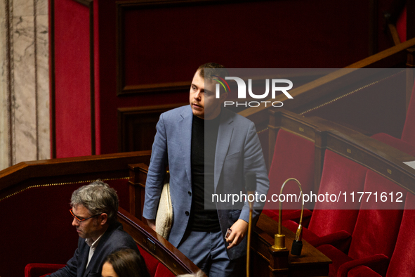 Louis Boyard, MP deputy of the La France Insoumise- Nouveau Front Populaire group, is seen during the public session of the solemn vote on t...