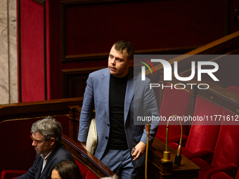 Louis Boyard, MP deputy of the La France Insoumise- Nouveau Front Populaire group, is seen during the public session of the solemn vote on t...