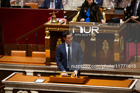 In Paris, France, on November 12, 2024, Matthias Renault, MP deputy of the Rassemblement National group, speaks during the public session of...