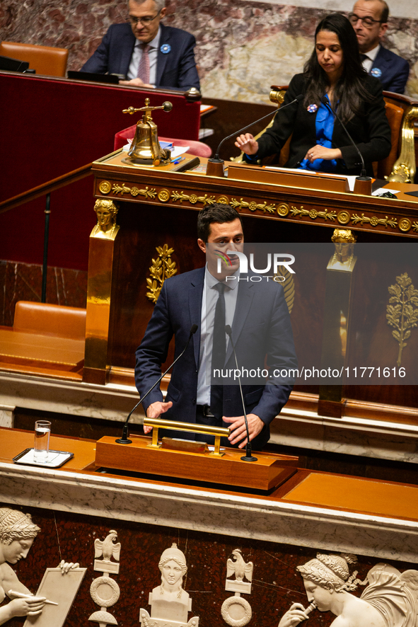 In Paris, France, on November 12, 2024, Matthias Renault, MP deputy of the Rassemblement National group, speaks during the public session of...