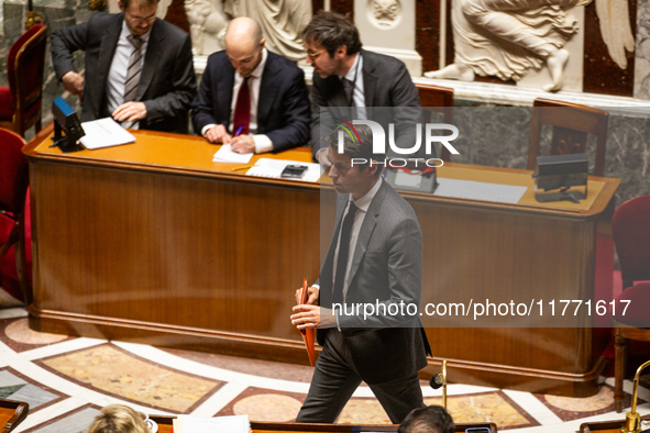 Gabriel Attal, President of the Ensemble pour la Republique group, is seen during the public session of the solemn vote on the first part of...