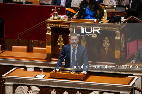 David Amiel, MP deputy of the Ensemble pour la Republique group, speaks during the public session of the solemn vote on the first part of th...