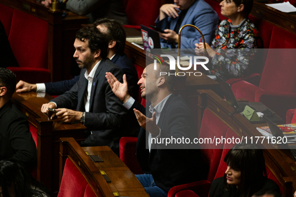 Manuel Bompard, MP deputy of La France Insoumise - Nouveau Front Populaire group, is seen during the public session of the solemn vote on th...