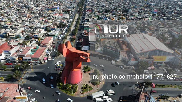 An aerial view shows the monument of ''El Coyote,'' which has a height of 21 meters, located in Nezahualcoyotl, State of Mexico. The El Coyo...