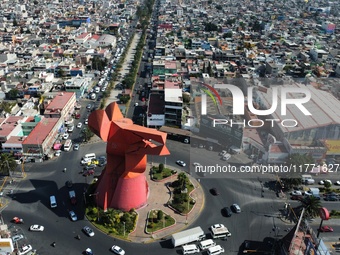 An aerial view shows the monument of ''El Coyote,'' which has a height of 21 meters, located in Nezahualcoyotl, State of Mexico. The El Coyo...