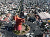 An aerial view shows the monument of ''El Coyote,'' which has a height of 21 meters, located in Nezahualcoyotl, State of Mexico. The El Coyo...