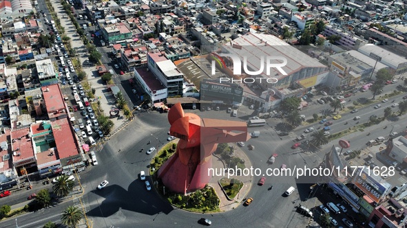 An aerial view shows the monument of ''El Coyote,'' which has a height of 21 meters, located in Nezahualcoyotl, State of Mexico. The El Coyo...