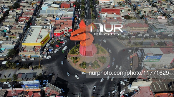 An aerial view shows the monument of ''El Coyote,'' which has a height of 21 meters, located in Nezahualcoyotl, State of Mexico. The El Coyo...