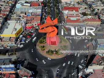 An aerial view shows the monument of ''El Coyote,'' which has a height of 21 meters, located in Nezahualcoyotl, State of Mexico. The El Coyo...