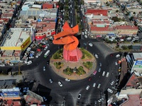 An aerial view shows the monument of ''El Coyote,'' which has a height of 21 meters, located in Nezahualcoyotl, State of Mexico. The El Coyo...