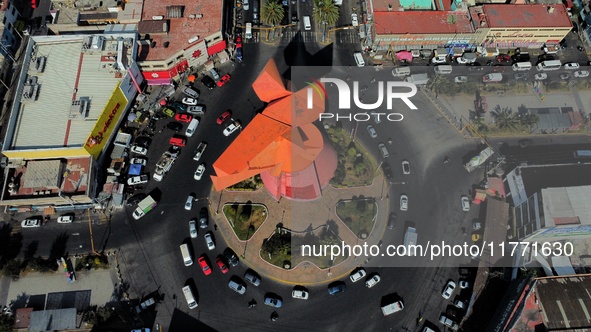 An aerial view shows the monument of ''El Coyote,'' which has a height of 21 meters, located in Nezahualcoyotl, State of Mexico. The El Coyo...