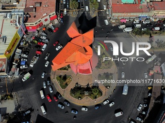 An aerial view shows the monument of ''El Coyote,'' which has a height of 21 meters, located in Nezahualcoyotl, State of Mexico. The El Coyo...