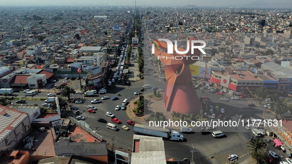 An aerial view shows the monument of ''El Coyote,'' which has a height of 21 meters, located in Nezahualcoyotl, State of Mexico. The El Coyo...