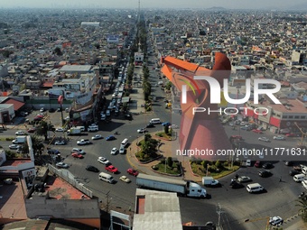 An aerial view shows the monument of ''El Coyote,'' which has a height of 21 meters, located in Nezahualcoyotl, State of Mexico. The El Coyo...