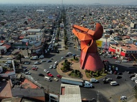 An aerial view shows the monument of ''El Coyote,'' which has a height of 21 meters, located in Nezahualcoyotl, State of Mexico. The El Coyo...