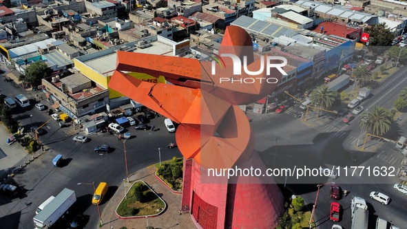 An aerial view shows the monument of ''El Coyote,'' which has a height of 21 meters, located in Nezahualcoyotl, State of Mexico. The El Coyo...